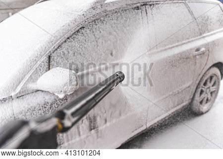 Contactless  Car Wash Self Service System. Washing Dirty Car In Car Wash Station With Foam