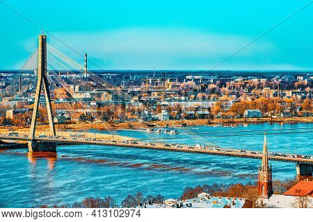 Mound Bridge (vantage Bridge) Across Western Dvina River In Riga.