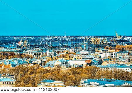 Panoramic View Of The City Of Riga, Latvia From The Height Of The Tower Church Of St. Peter