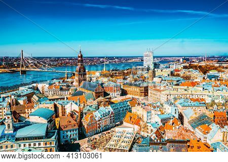 Panoramic View Of The City Of Riga, Latvia From The Height Of The Tower Church Of St. Peter