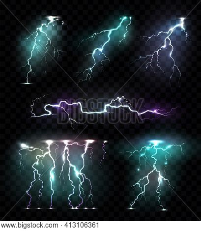 Realistic Lightning Bolts Flashes Colored Set Of Isolated Images Of Colourful Lightning Strokes On T
