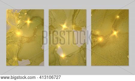 Set Of Marble Patterns. Yellow Green And Gold Geode Textures With Glitter