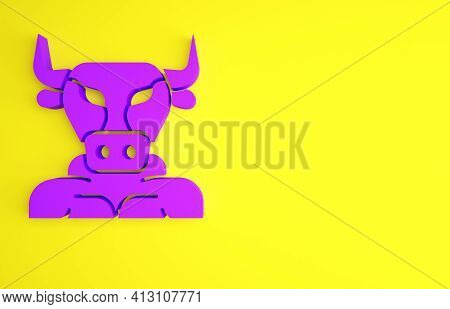 Purple Minotaur Icon Isolated On Yellow Background. Mythical Greek Powerful Creature The Half Human 