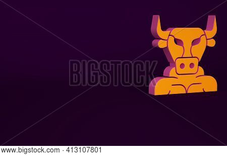 Orange Minotaur Icon Isolated On Purple Background. Mythical Greek Powerful Creature The Half Human 