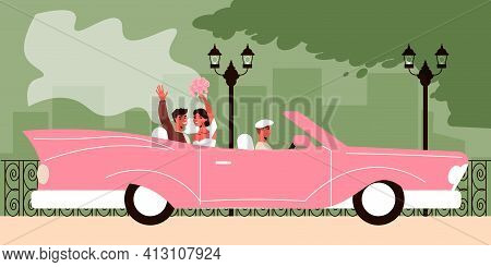 Wedding Car Composition With Outdoor Landscape With Newly Married Couple Sitting In The Pink Cabrio 