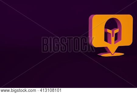 Orange Greek Helmet Icon Isolated On Purple Background. Antiques Helmet For Head Protection Soldiers