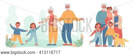 Grandparents And Grandchildren. Kid Run To Visit Old Grandma And Grandpa. Happy Grandmother, Grandfa