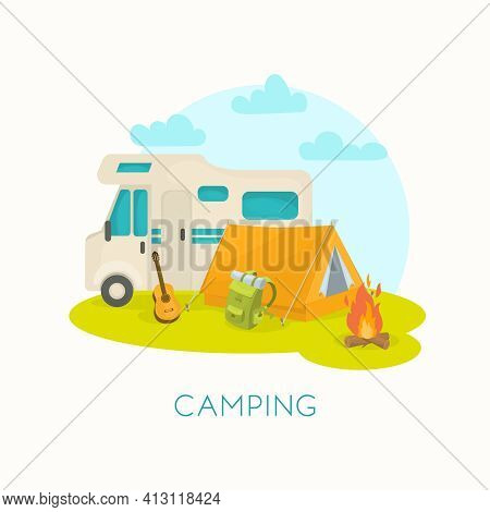 Summer Camping Design With House Trailer Tent Guitar Backpack Mat Bonfire On Green Grass Vector Illu