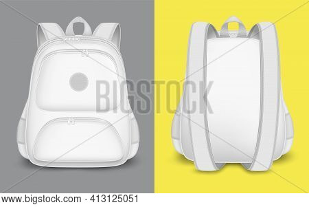 Backpack Mockup Set, Vector Isolated Illustration. Realistic White School Bag, Sport Tourist Rucksac