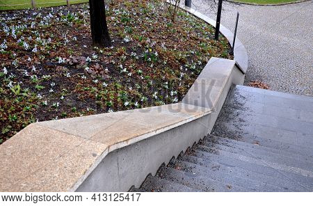 Retaining Wall At The Large Staircase In The Park The Flowerbed Area Is Planted With Rich Greenery O