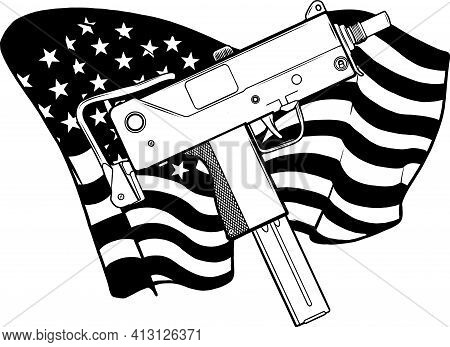 Draw In Black And White Of Weapont Uzi With Ameican Flag Vector Illustration