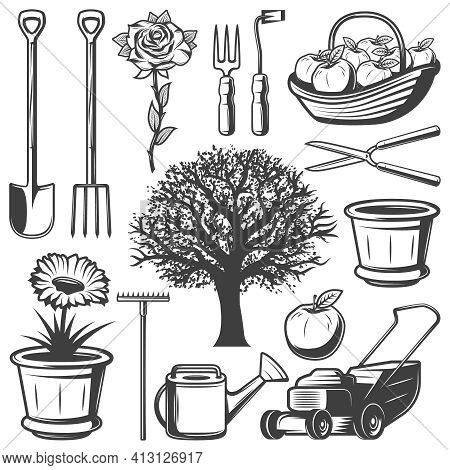 Vintage Garden Elements Collection With Agricultural Tools Flowers Tree Watering Can Lawm Mower Pot 