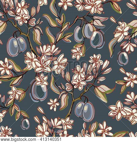 Seamless Pattern With Hand Drawn Plum Flowers And Fruits. Blooming Plum Branches On Dark Vintage Bac