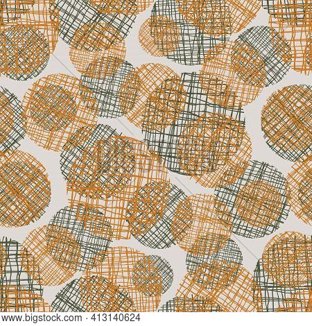 Irregular Weave Yarn Vector Circle Seamless Pattern Background. Backdrop With Small And Large Ochre 
