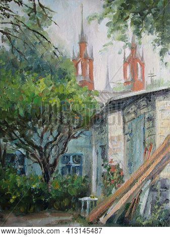 Gothic Cathidral In Samara. View From The Old Yard. Oil Painting