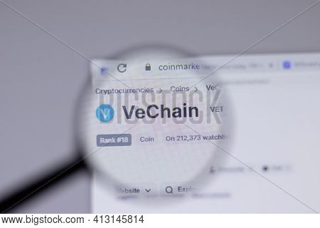 New York, Usa - 18 March 2021: Vechain Cryptocurrency Coin Logo Icon On Website, Illustrative Editor