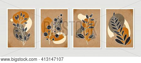 Botanical Wall Art Vector Set. Minimal And Natural Wall Art. Boho Foliage Line Art Drawing With Abst