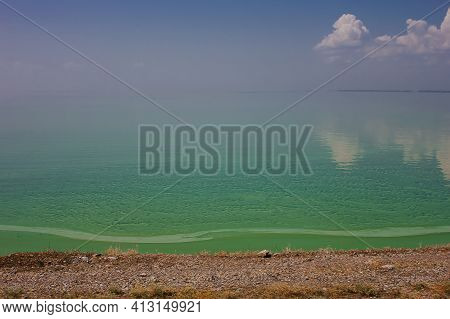 Turquoise Olive Green Sea With The Coulds , Abstract Sea Nature Background. Happy Vacation Summer Se
