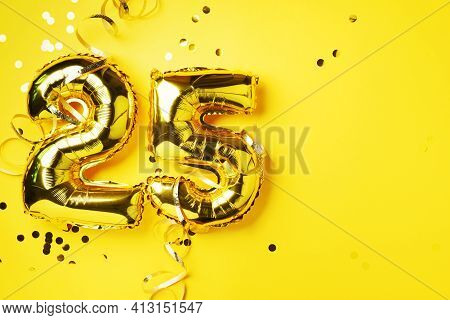 Gold Foil Balloon Number, Digit Twenty-five. Birthday Greeting Card, Inscription 25. Anniversary Cel