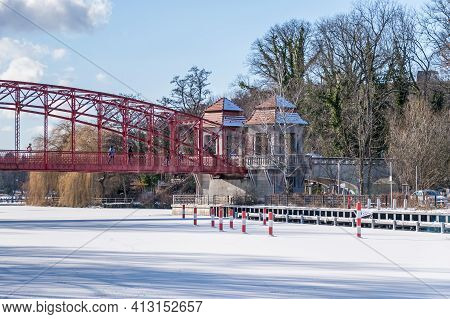 Berlin, Germany - February 12, 2021: Heritage-protected Steel Truss Haven Bridge ( Sechserbruecke) O