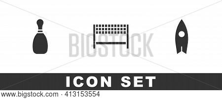 Set Bowling Pin, Ribbon Finishing Line And Surfboard Icon. Vector