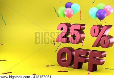 3d Rendering Of Twenty Five Percent Off, Different Ballon Color And Yellow Theme. Perfect For Backgr