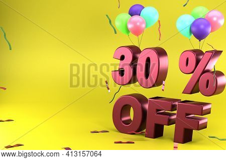 3d Rendering Of Thirty Percent Off, Different Ballon Color And Yellow Theme. Perfect For Background,