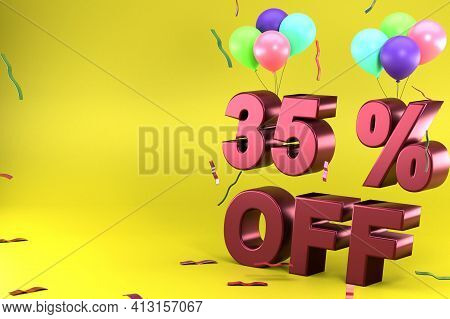 3d Rendering Of Thirty Five Percent Off, Different Ballon Color And Yellow Theme. Perfect For Backgr