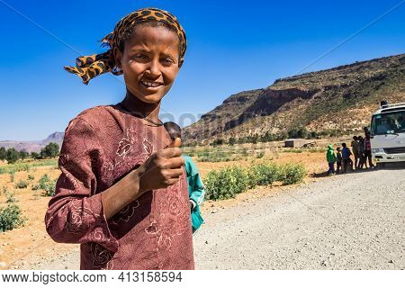 Axum, Ethiopia - Feb 11, 2020: Ethiopian Girl Seen On The Road From Axum To Gheralta, Tigray In Nort