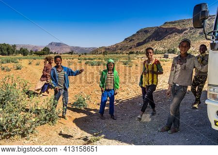 Axum, Ethiopia - Feb 11, 2020: Ethiopian Children Seen On The Road From Axum To Gheralta, Tigray In 
