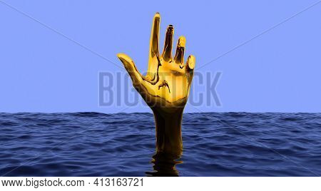 Surreal Vaporwave Concept With Golden Hand Gesturing From Underwater. Blue Sea Or Ocean With Touchin