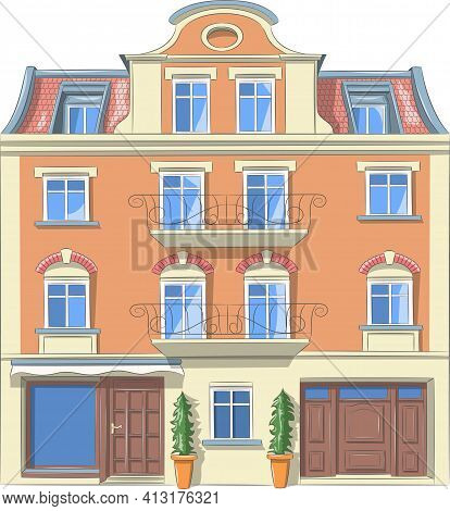 A Traditional Orange Stone House With A Display Case On The Ground Floor.
