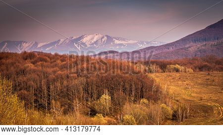 Spring Mountain Landscape With Snow-capped Mountain In The Background During Sunset