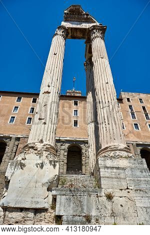 Roman Forum, Rome, Italy - May 17, 2017: View From Below Of The Temple Of Vespasian And Titus At The