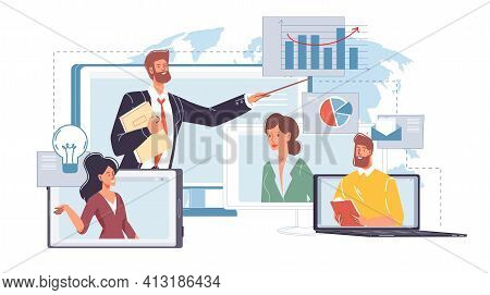 Vector Cartoon Flat Characters Talk Online With Colleagues Friends.young People Chat, Discuss Busine
