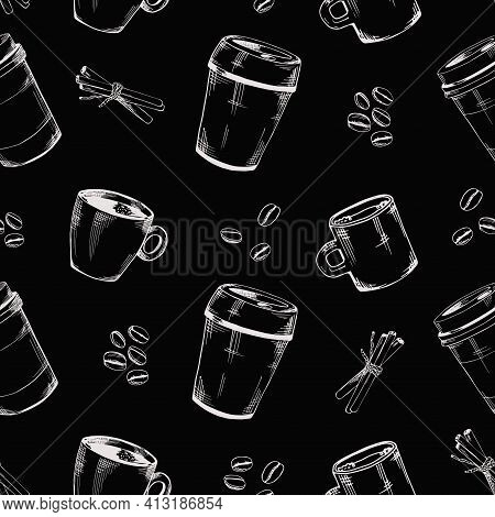Vector Seamless Pattern Of Coffee Glasses And Cups, Coffee Beans And Cinnamon Sticks. Vector Contour