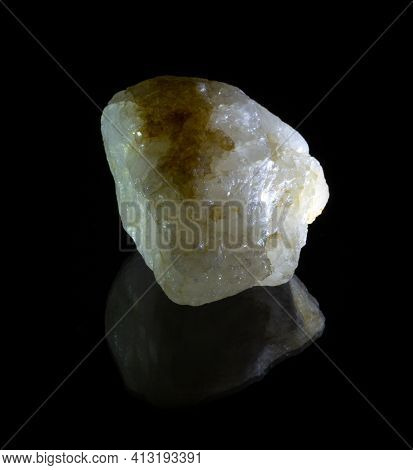 White Quartz Mineral Pebble Isolated On Black Background. Geology Mineralogy Websites, Stone Collect