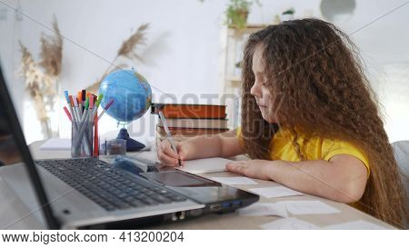 Coronavirus. Child At School Home In A Lesson. Learning Education Pandemic Coronavirus Concept. Kid 