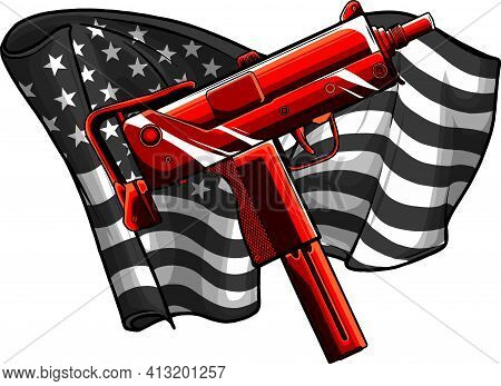 Weapont Uzi With Ameican Flag Vector Illustration
