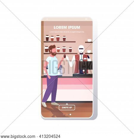Robotic Barista Serving Man Client Artificial Intelligence Technology Concept Cafe Interior Full Len