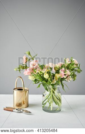 Bouquet 015. Finished Flower Arrangement In A Vase For Home. Flowers Bunch, Set For Interior. Fresh 