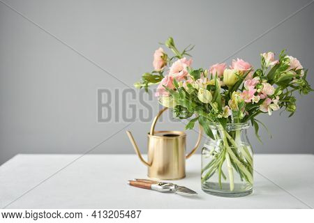 Bouquet 015. Finished Flower Arrangement In A Vase For Home. Flowers Bunch, Set For Interior. Fresh 