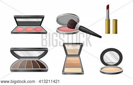 Decorative Cosmetics Or Color Cosmetics With Eye Shadow And Facepowder Vector Set