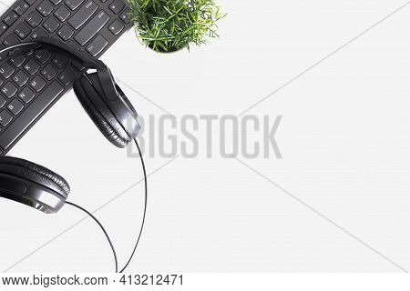 Office Desk Table With Supplies. Flat Lay. Copy Space