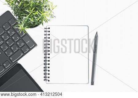 Office Desk Table With Supplies. Flat Lay. Copy Space