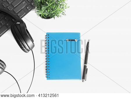 Office Desk Table With Supplies. Flat Lay. Copy Space
