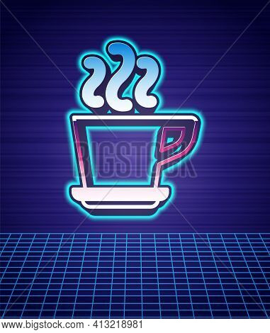 Retro Style Coffee Cup Icon Isolated Futuristic Landscape Background. Tea Cup. Hot Drink Coffee. 80s