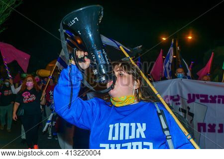 Haifa, Israel - March 17, 2021: Protest Rally Against Prime Minister Benjamin (bibi) Netanyahu, In H