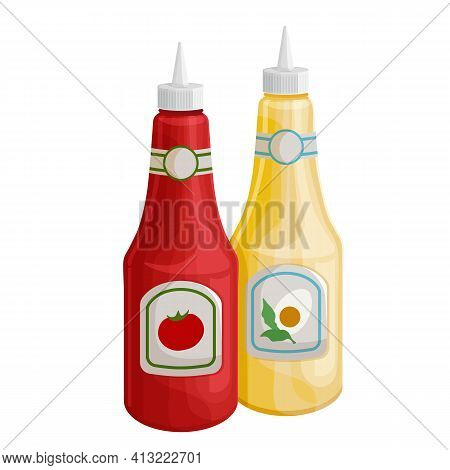 Mustard And Tonato Ketchup Vector Icon. Dispensers For Mustard And Ketchup, Fast Food Topping Squeez