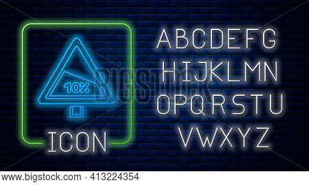 Glowing Neon Steep Ascent And Steep Descent Warning Road Icon Isolated On Brick Wall Background. Tra